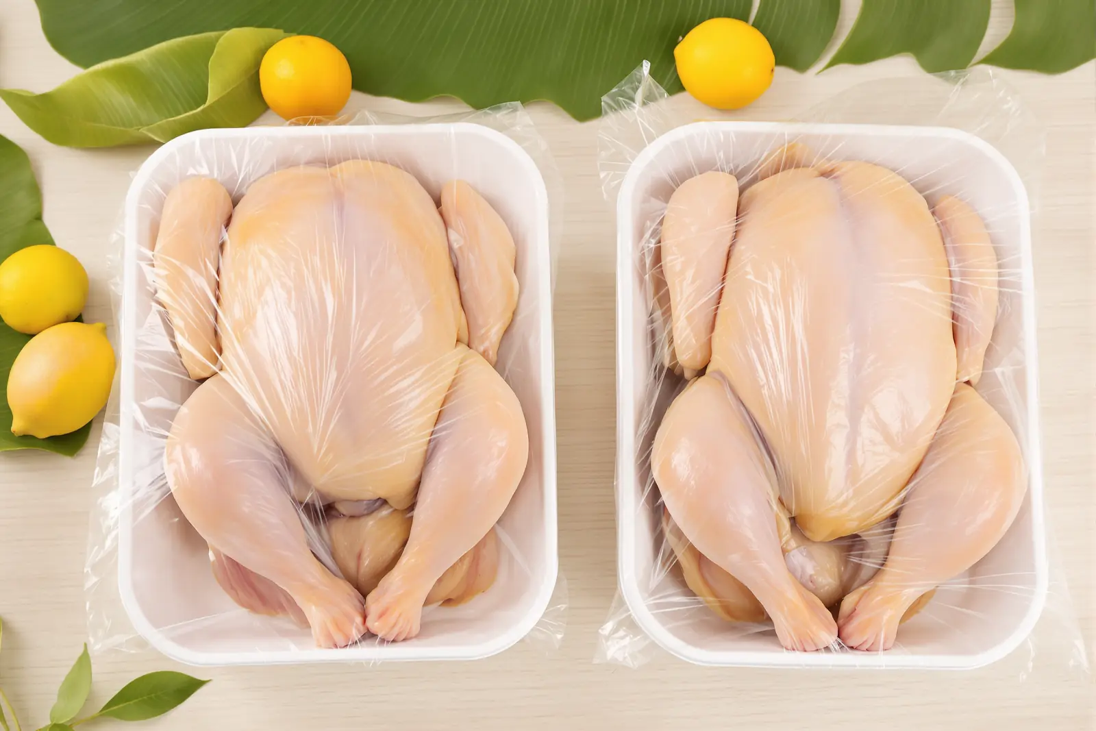 Two whole dressed chickens in sealed trays on a banana leaf